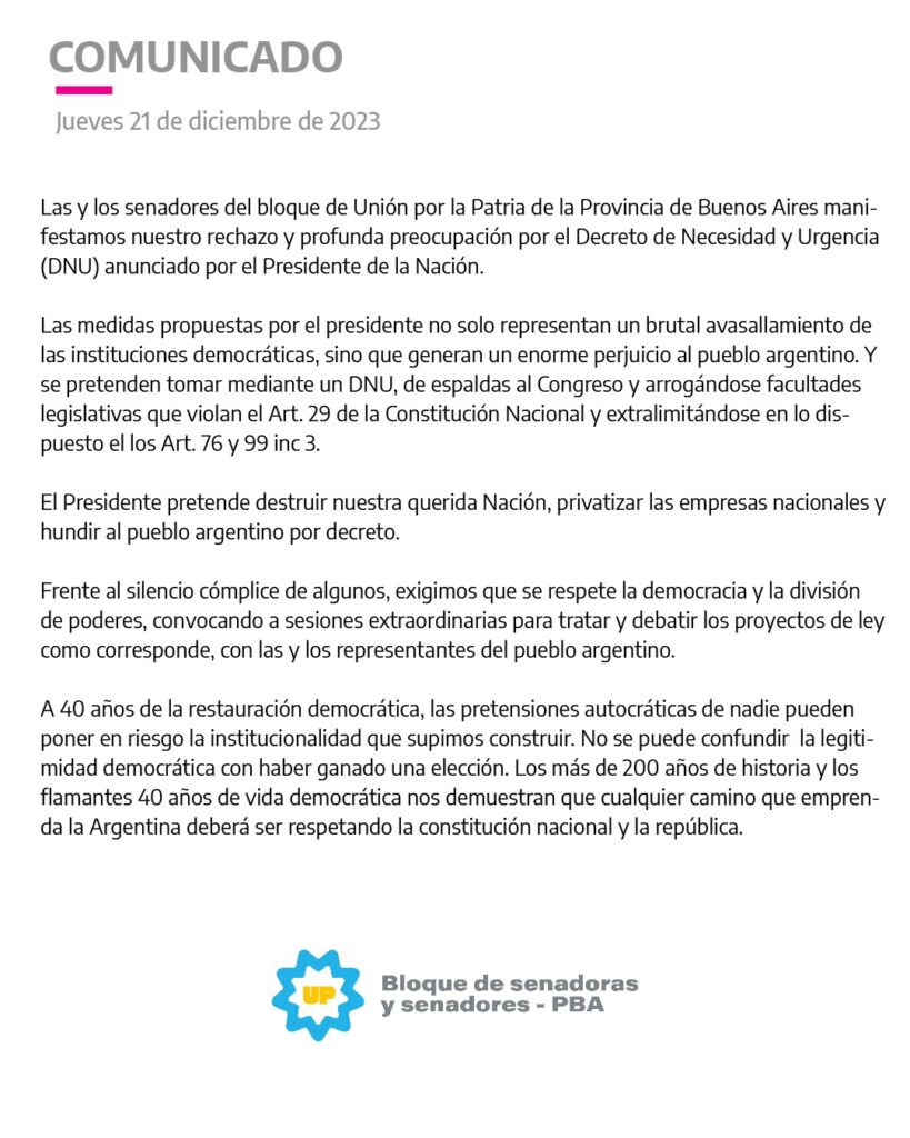 Los Legisladores bonaerenses de Unión por la Patria rechazaron el DNU de Milei y lo llamaron a respetar la democracia.