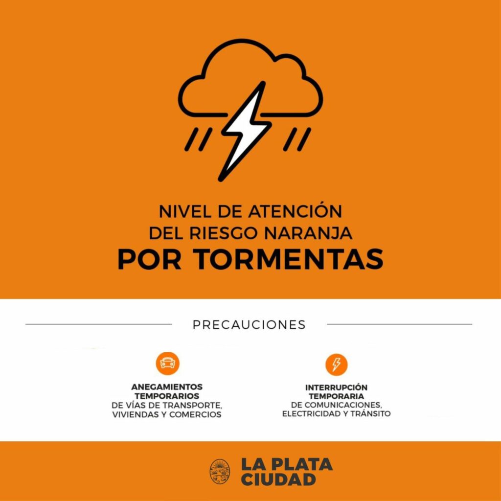 Rige una alerta naranja por tormentas en La Plata. 