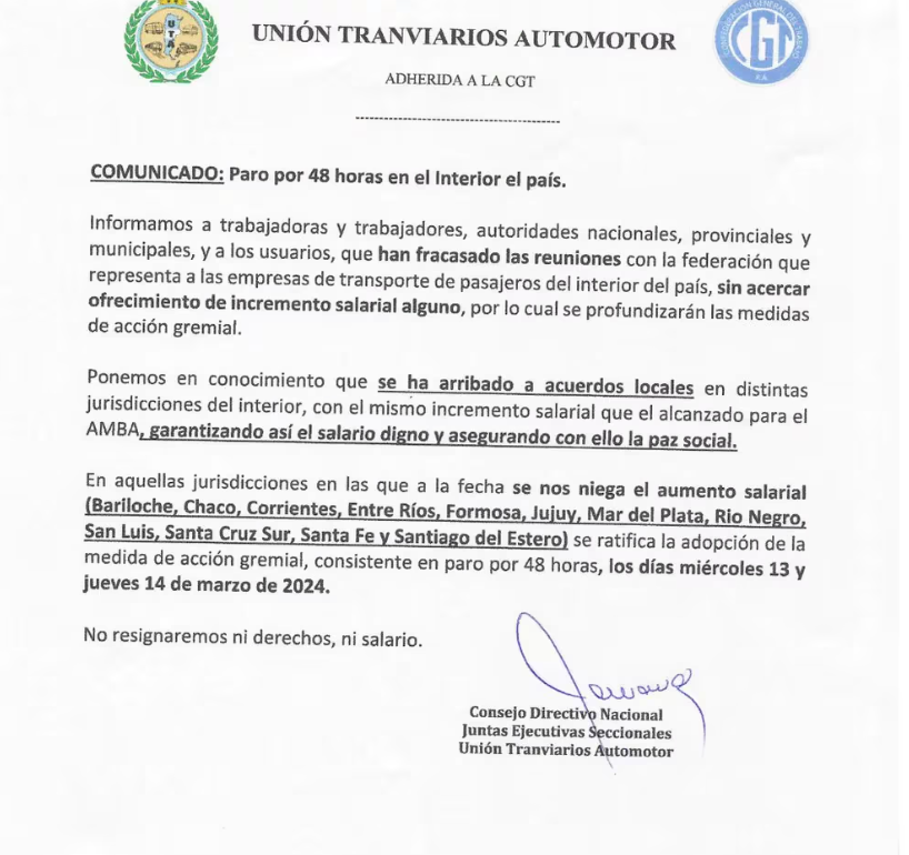 El comunicado de la UTA en el que anunció el paro de colectivos de 48 horas.
