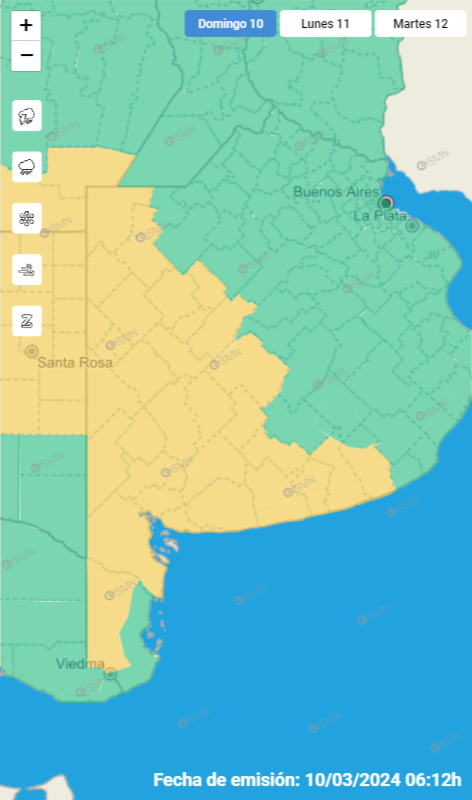 La alerta amarilla que rige para este domingo en la provincia de Buenos Aires. 