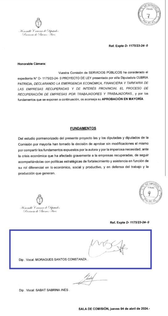 Uno de los tantos votos de Constanza Moragues al kirchnerismo.