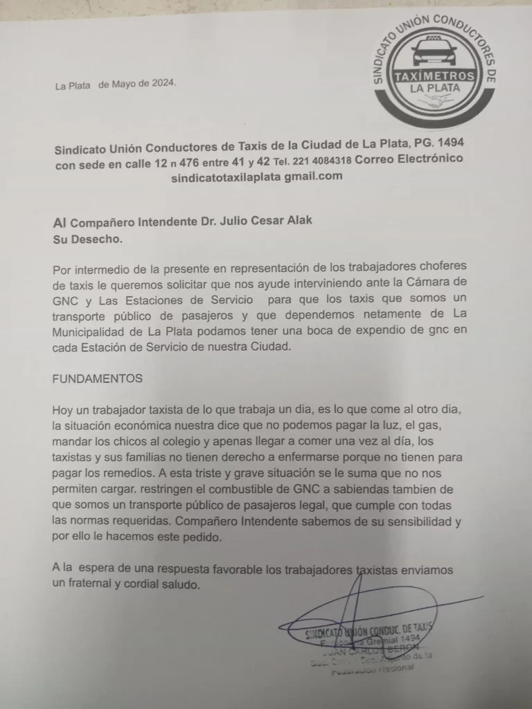 Carta del Sindicato Unión Conductores de Taxis de La Plata a Alak. 
