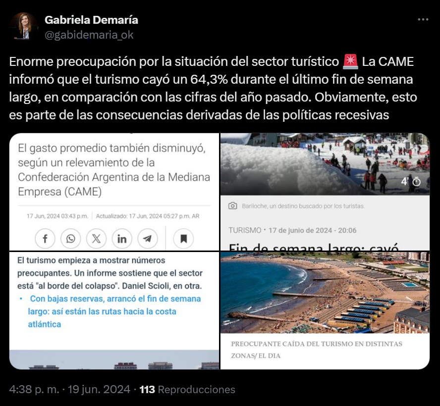 La senadora bonaerense costera Gabriela Demaría cruzó a Milei por la caída del turismo. 