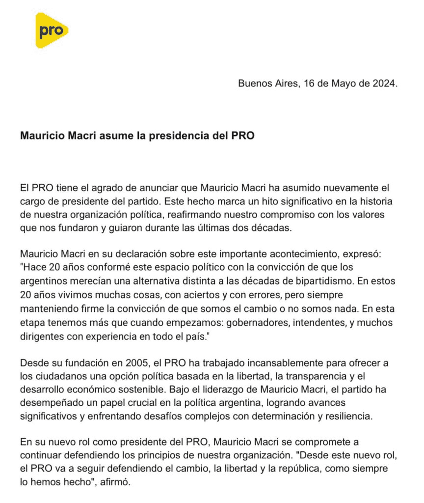 Comunicado cuando Mauricio Macri asume la presidencia del PRO y deja huerfana a Patricia Bullrich.