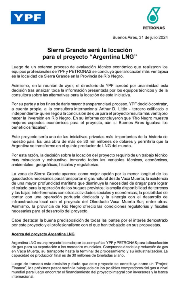 Comunicado conjunto de YPF y Petronas respecto de la elección del puerto para construir la planta de GNL.