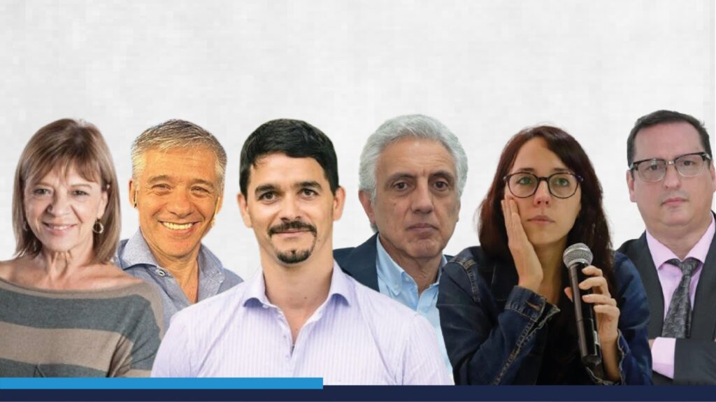 De izquierda a derecha: Telma Luzzani, Jorge Elbaum, Marco Teruggi, Carlos Raimundi, Julia Rosemberg y Hernán Brienza, los docentes del curso de formación política.