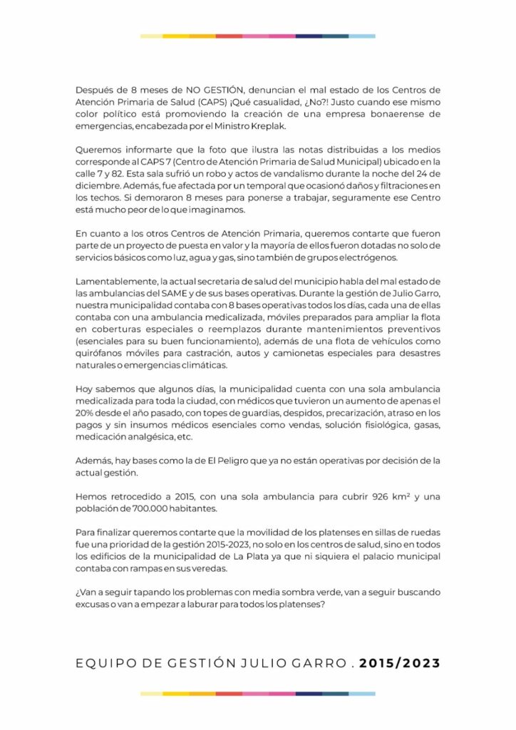 Comunicado oficial del equipo de gestión de Garro en La Plata.