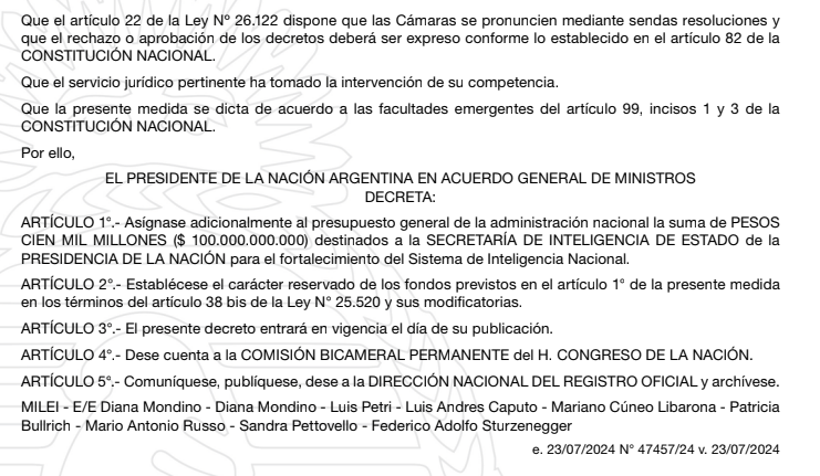 EL DNU firmado por el presidente Javier Milei que dispone un aumento de $100.000 millones para la SIDE.