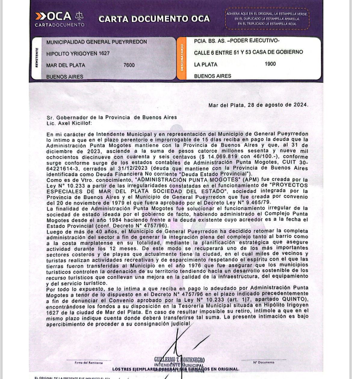 La intimación que el intendente de Mar del Plata le mandó a Kicillof para municipalizar Punta Mogotes.