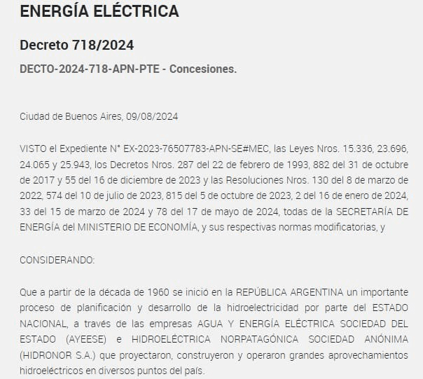 El decreto para privatizar las centrales hidroeléctricas de la Patagonia.