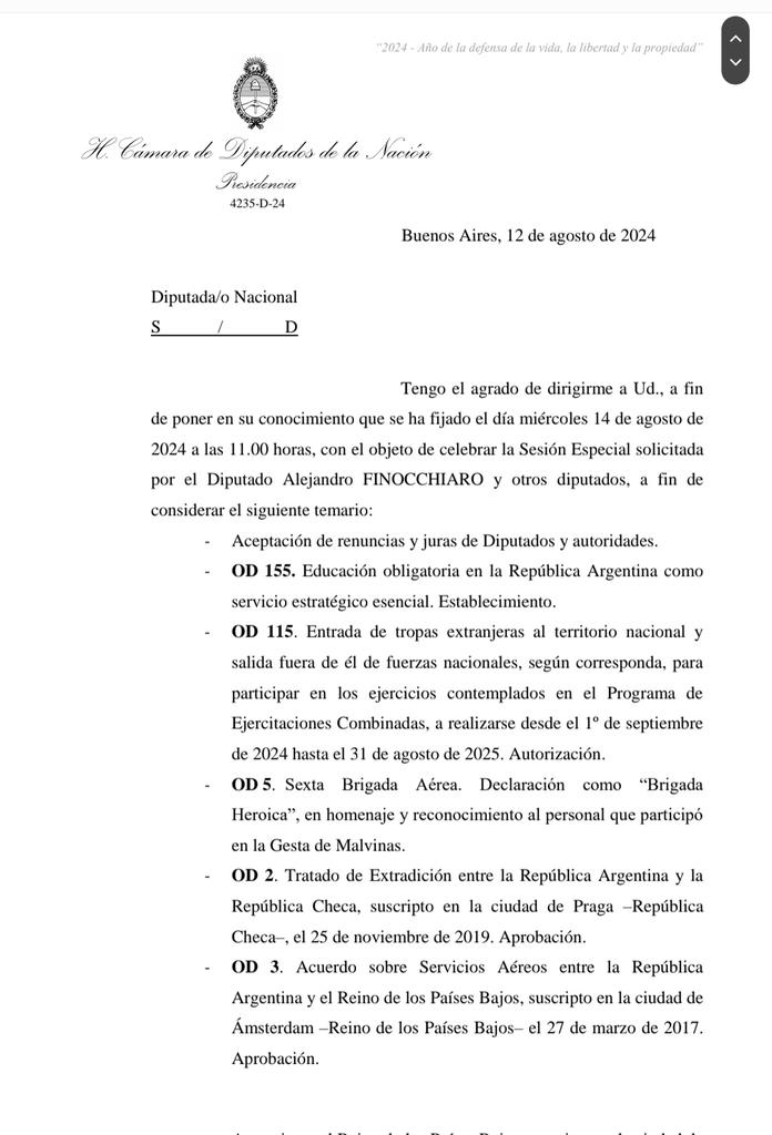 Los temas que oficializó la presidencia de Diputados para la sesión especial.