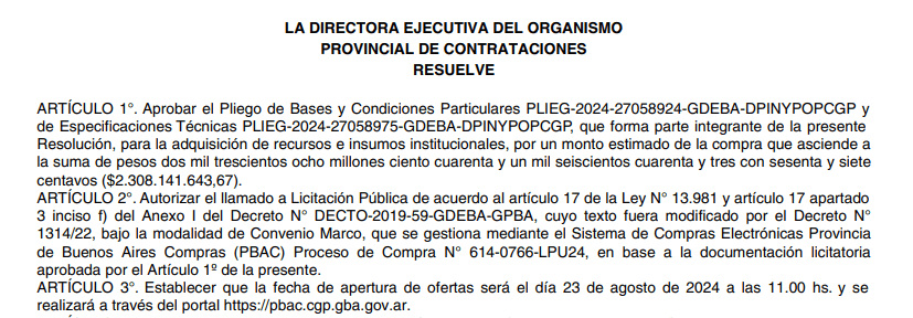 La resolución publicada por el gobierno de Kicillof en el Boletín Oficial sobre la partida para adquirir kits playeros.