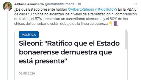La senadora Aldana Ahumada le salió al cruce al ministro Alberto Sileoni.