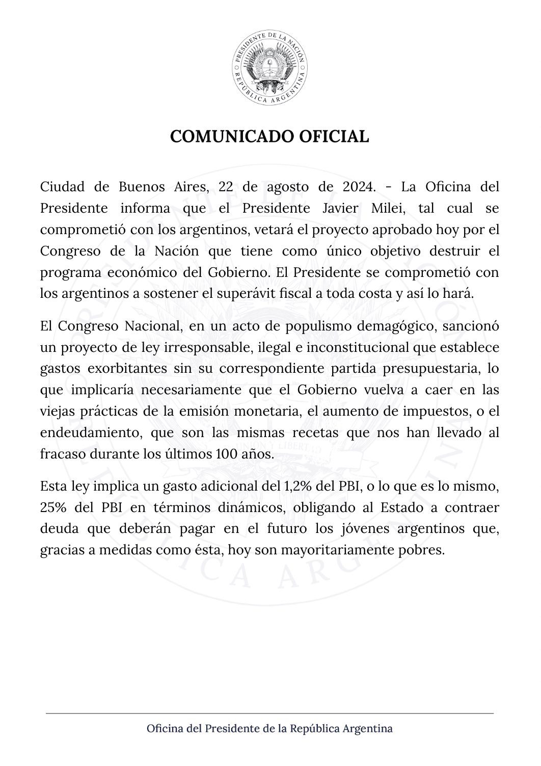 Comunicado de la Oficina del Presidente tras la aprobación de la ley de movilidad jubilatoria en el Senado.