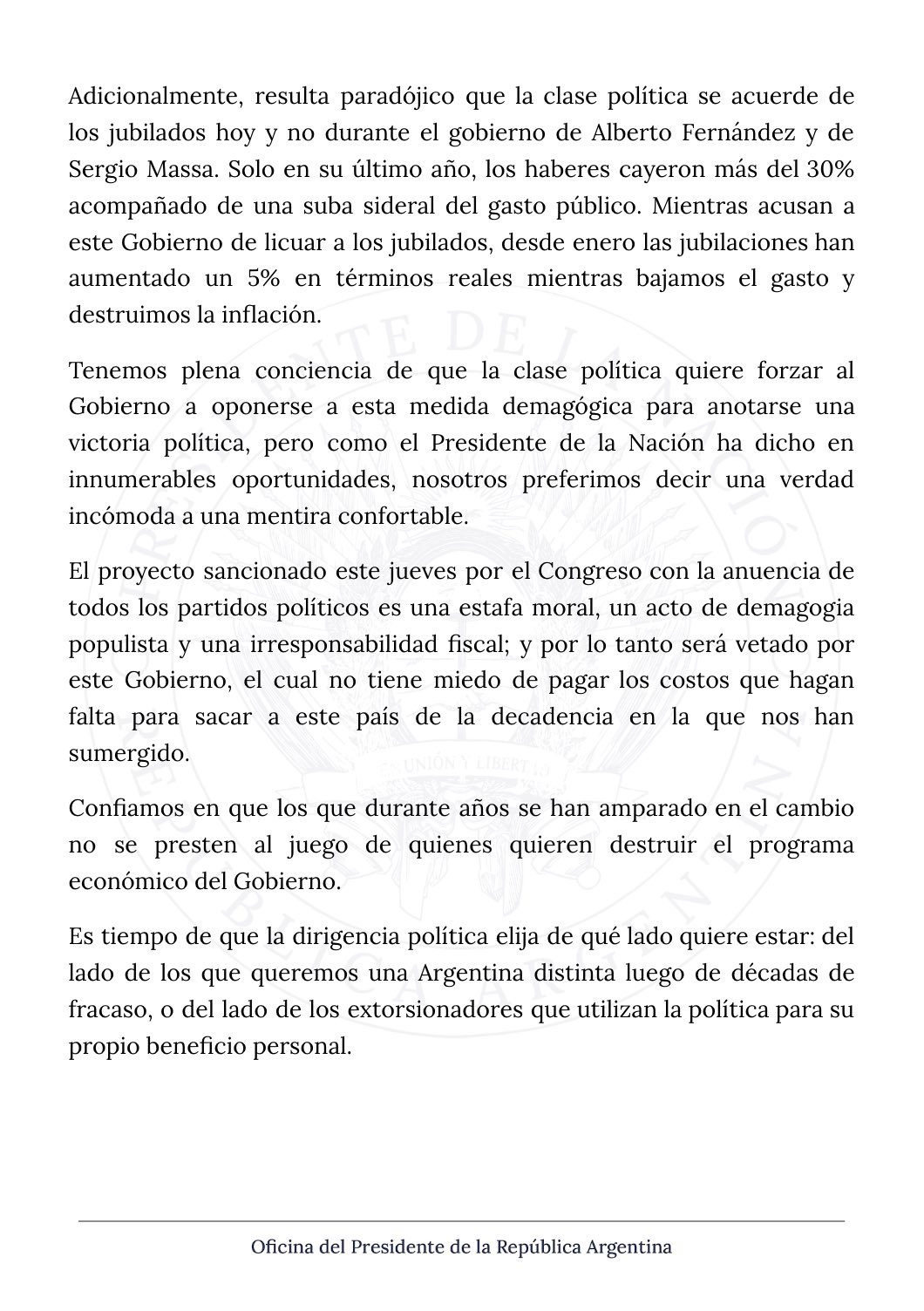 Comunicado de la Oficina del Presidente tras la aprobación de la ley de movilidad jubilatoria en el Senado.