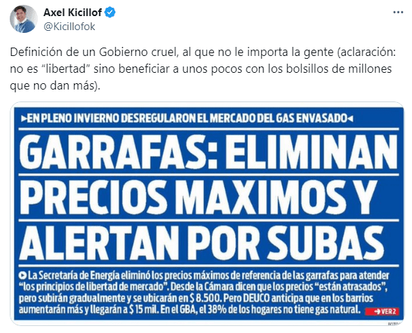 Kicillof apuntó al Gobierno de Milei tras la eliminación de una política que mantenía los precios de las garrafas de GLP.