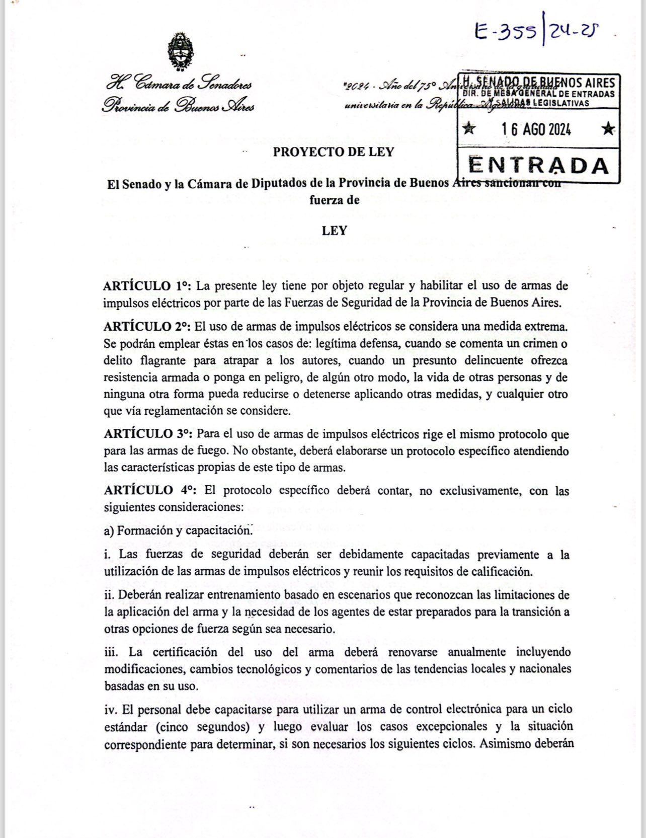 Proyecto de Marcelo Leguizamón para habilitar el uso de armas no letales.
