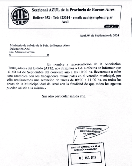 En Azul, el gremio de ATE busca impugnar la emergencia económica declarada por el intendente y convocó una concentración frente al municipio.