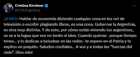 La respuesta de Cristina Kirchner a Javier Milei.
