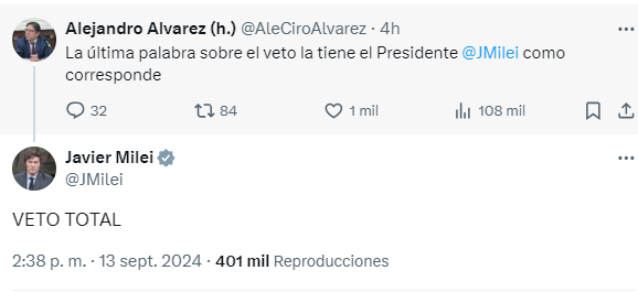 El posteo de Javier Milei en el que adelanta el veto a la Ley de Financiamiento Universitario.