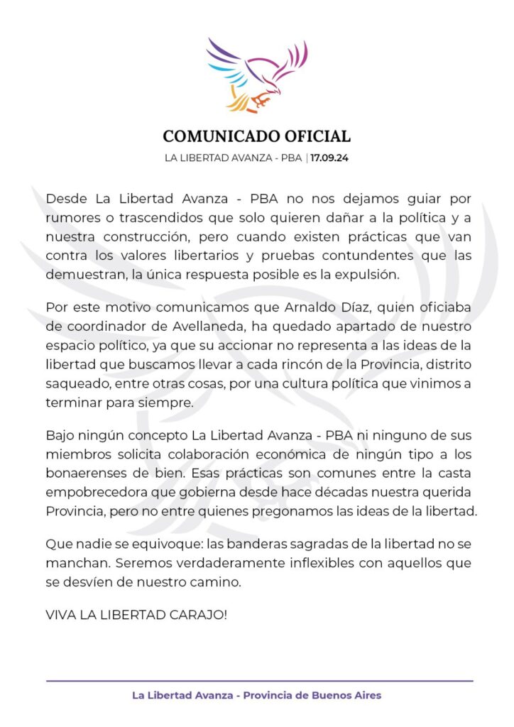 El comunicado completo de La Libertad Avanza PBA.