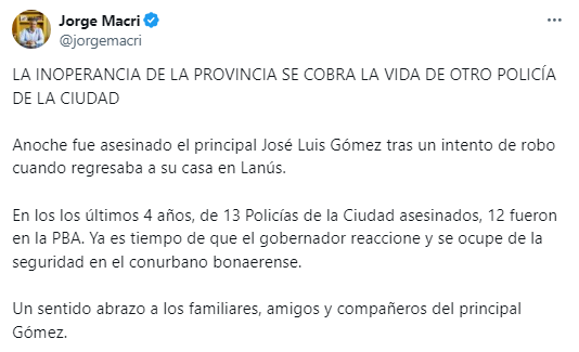 Jorge Macri apuntó a Kicillof por la seguridad en el Conurbano bonaerense.