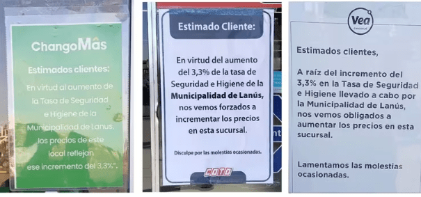 Los carteles que pusieron los supermercados de Lanús en rechazo a la medida de Álvarez.
