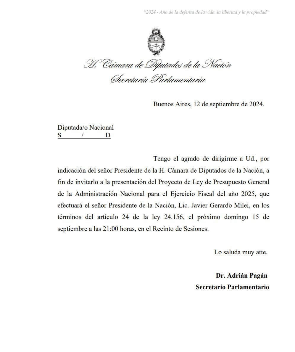 Invitación del presidente Javier Milei a la presentación del Presupuesto 2025.