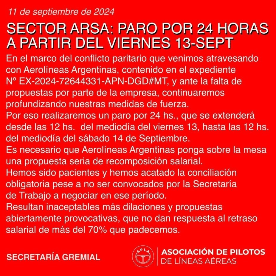 Arranca un nuevo paro de Aerolíneas Argentinas.