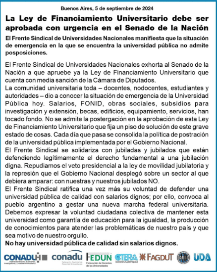 El Frente Sindical de Universidades Nacionales ratificó el paro de docentes y pidió la aprobación de la Ley de Financiamiento Universitario.