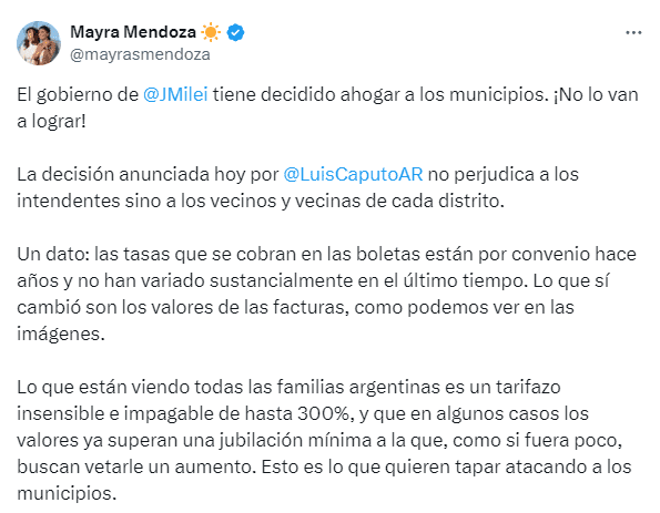 Mayra Mendoza le respondió a Caputo y apuntó a los tarifazos: "Lo que cambió son los valores de las tarifas, como podemos ver en las imágenes".