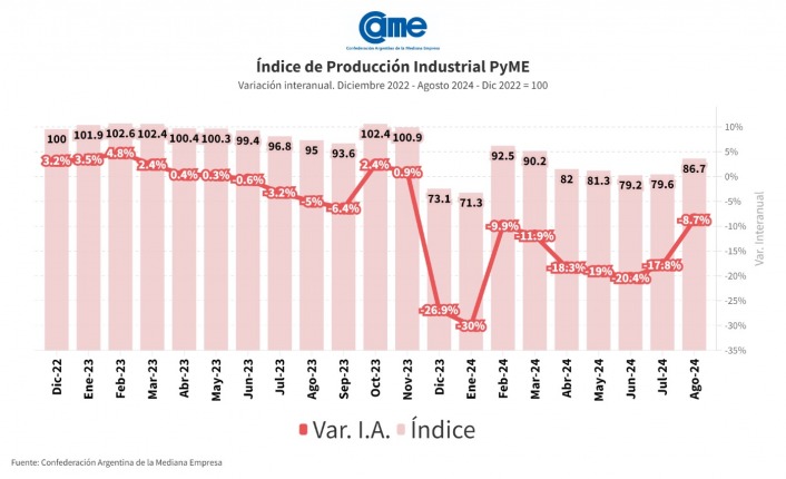 La CAME informó que la actividad manufacturera de las pymes cayó un 8,7% y acumuló así una retracción de 16,9%.