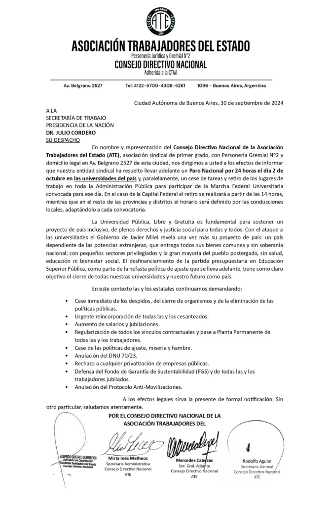 ATE resolvió un paro de 24hs y un cese de tareas en la administración pública de cara a la masiva marcha universitaria federal. 