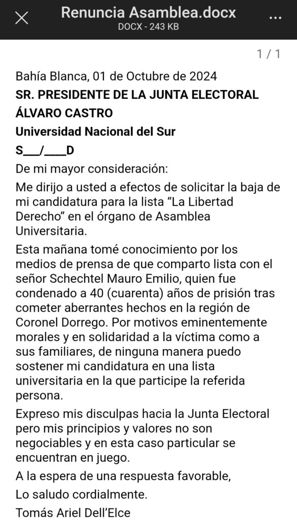 Tomás Dell'elce, candidato para la Asamblea Universitaria de la Universidad Nacional del Sur por la lista de La Libertad Avanza, presentó su renuncia tras conocer los delitos de sus pares en la plataforma electoral.