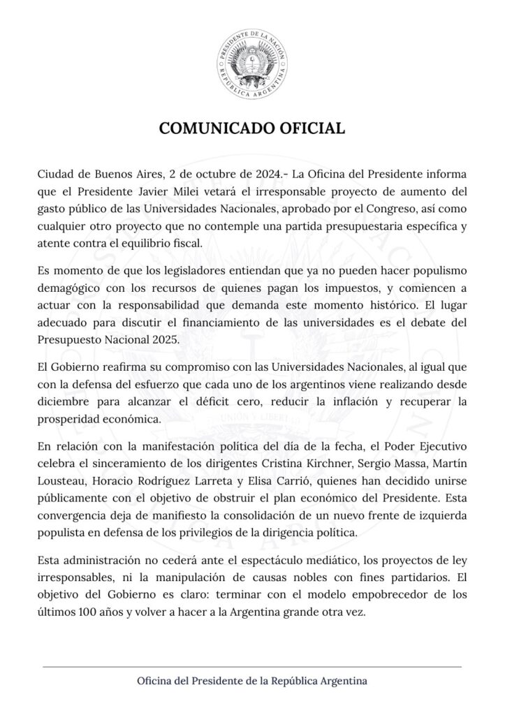 Antes de vetar la Ley de Financiamiento Universitario, el Gobierno publicó un comunicado contra la marcha por la educación.