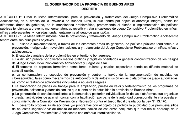 El decreto que oficializa la creación de la Mesa Interministerial contra la ludopatía infantil.
