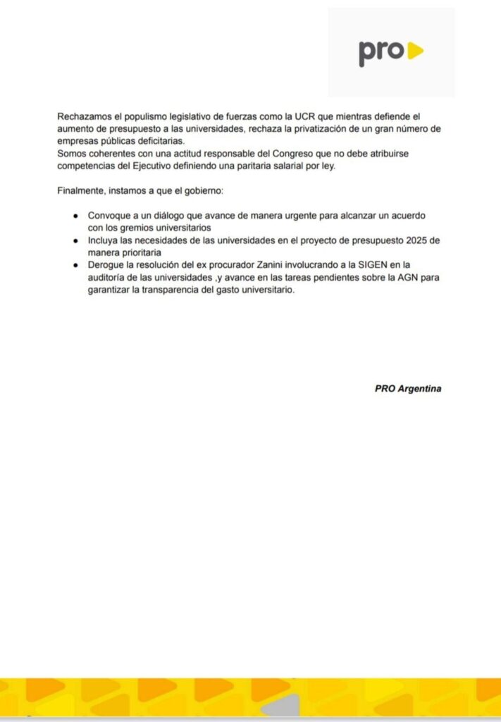 Tras reunirse con el fundador del partido, Mauricio Macri, el PRO se pliega al gobierno nacional y votará a favor del veto presidencial contra de las universidades.