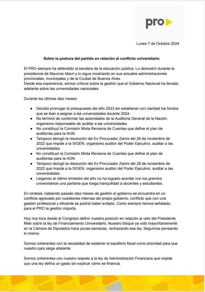 Tras reunirse con el fundador del partido, Mauricio Macri, el PRO se pliega al gobierno nacional y votará a favor del veto presidencial contra de las universidades.