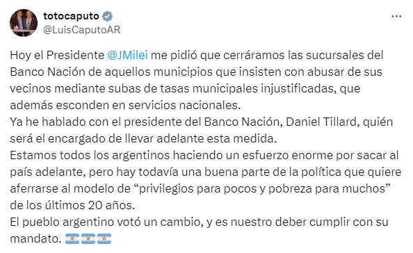 Caputo le advirtió a los intendentes que el Gobierno avanzará con el cierre de sucursales del Banco Nación si incrementan las tasas municipales.
