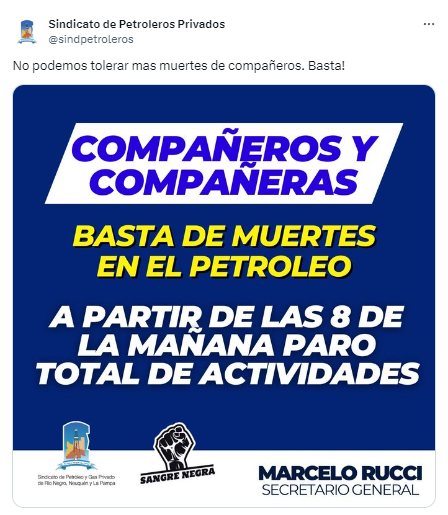 Paro total: los trabajadores de Vaca Muerta frenaron las actividades tras la muerte de un operario.