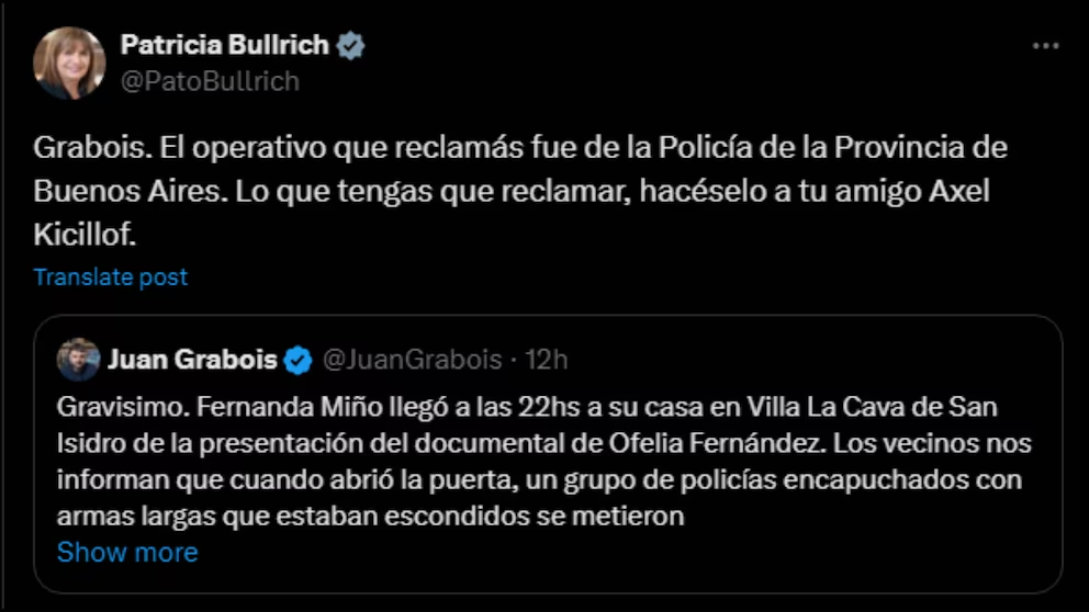 Bullrich salió a responderle a Grabois por el allanamiento a Fernanda Miño.