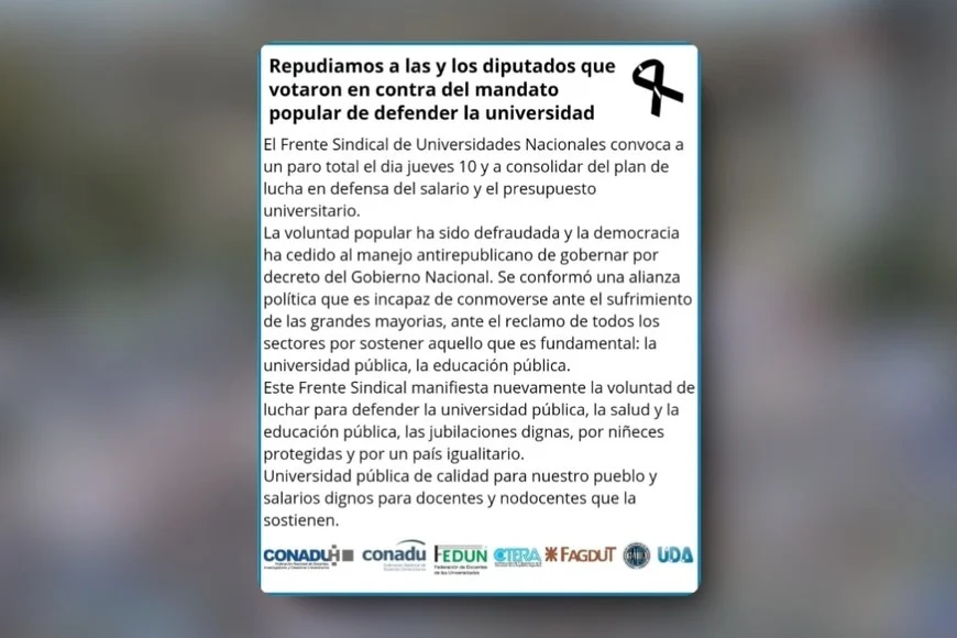 El comunicado del Frente Sindical de Universidades Nacionales, tras el veto de Javier Milei. 