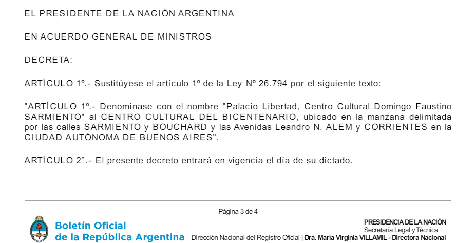 El Decreto que oficializa el cambio de nombre de Centro Cultural Kirchner a Palacio Libertad.