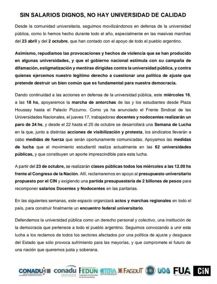 El comunicado conjunto que emitieron los gremios en el marco del conflicto universitario.