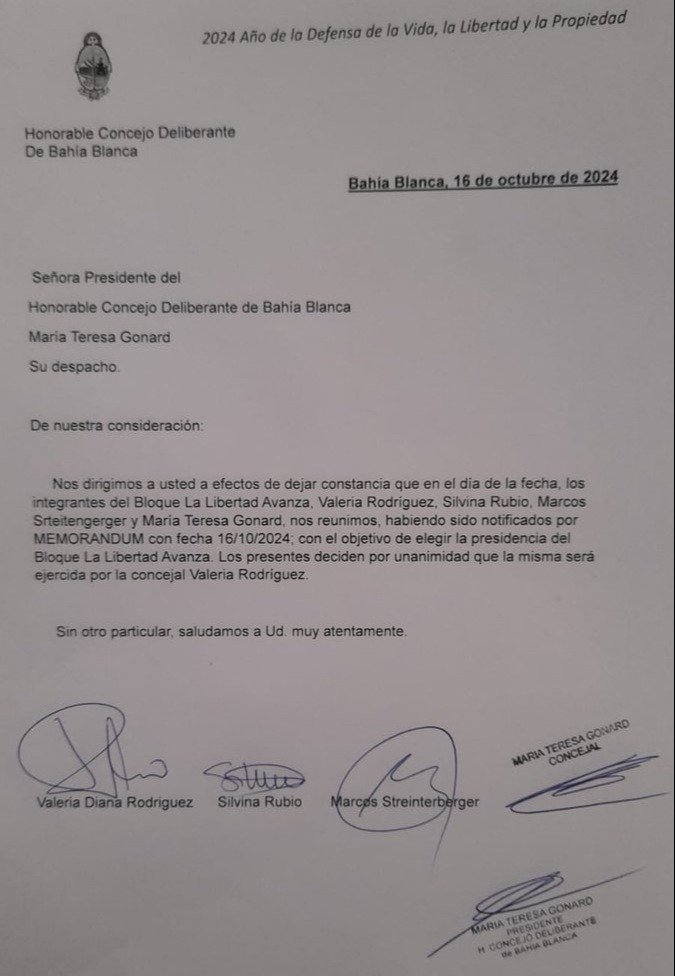 Bahía Blanca: la nota elevada por los nuevos ediles de La Libertad Avanza donde eligieron por unanimidad a Valeria Rodriguez como presidenta de bloque. 