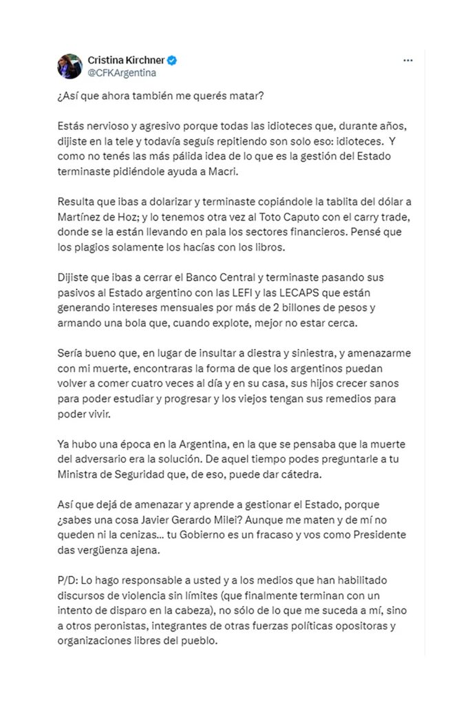 Cristina Kirchner cargó contra Javier Milei, luego de que éste reconociera que tiene un “morbo” con “meterle el último clavo al cajón del kirchnerismo, con Cristina adentro".