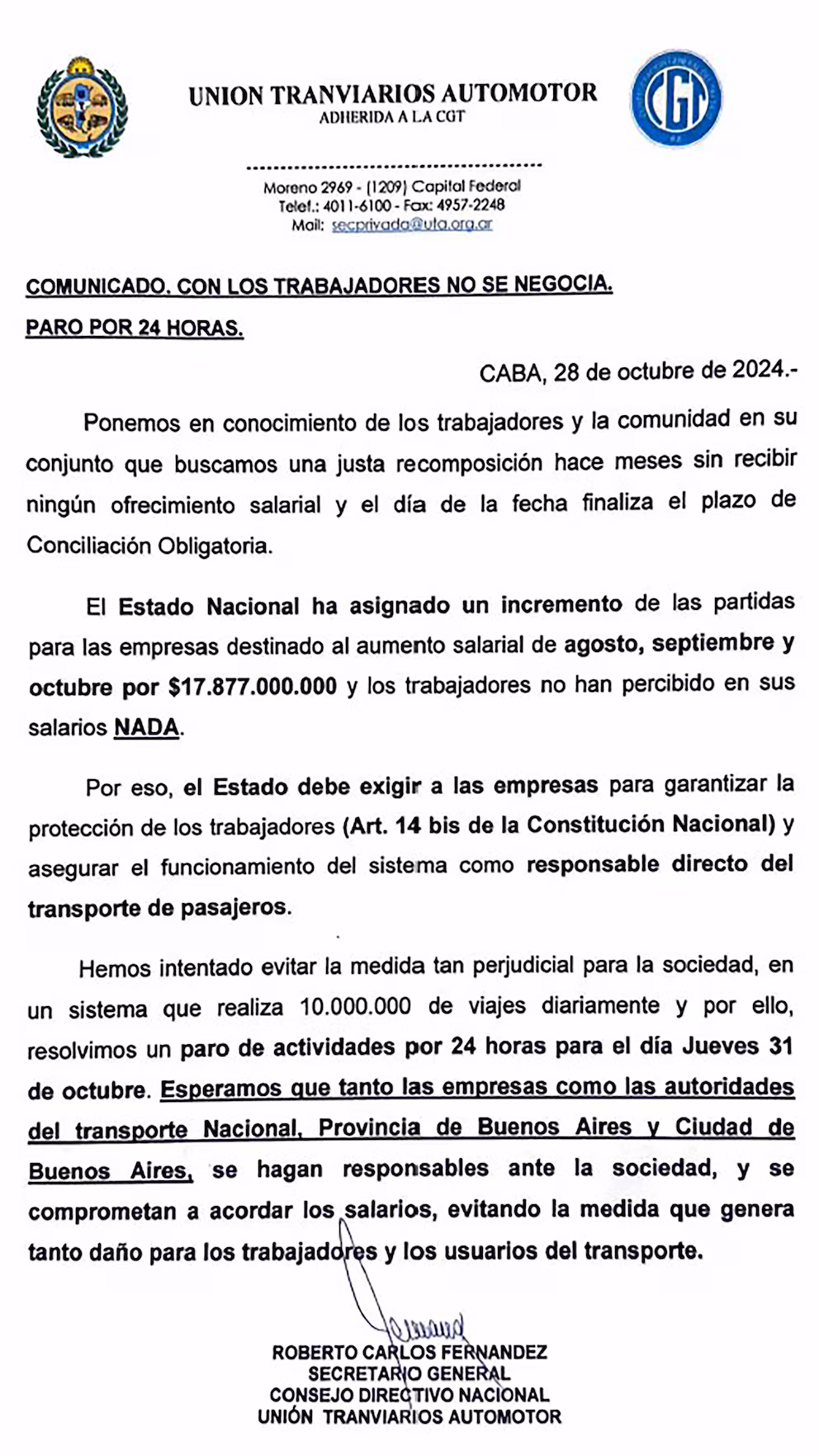 UTA: El sindicato que conduce Roberto Fernández oficializó el paro de colectivos a través de un comunicado.