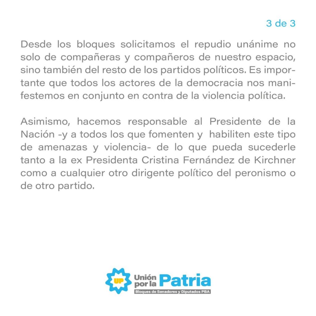 La tropa de Unión por la Patria de la Legislatura bonaerense se abroqueló contra los dichos virulentos que de Javier Milei contra Cristina Kirchner.