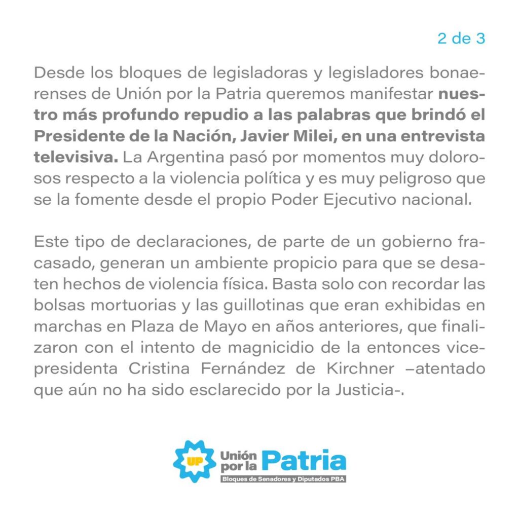 La tropa de Unión por la Patria de la Legislatura bonaerense se abroqueló contra los dichos virulentos que de Javier Milei contra Cristina Kirchner.