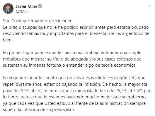 Milei apuntó a Cristina Kirchner y advirtió que el “morbo de cerrar el cajón del kirchnerismo con la ex mandataria adentro” fue “una metáfora”. 